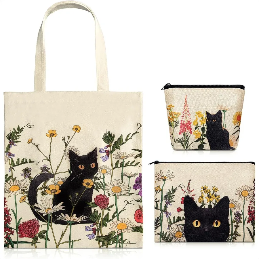 

3 Pcs Black Cat Canvas Tote Bag Makeup Coin Purse Set with Zipper Reusable Grocery Shopping Flowers Cute Cosmetic Bag Aesthetic