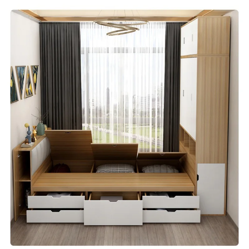 Small apartment tatami bed wardrobe combo storage desk multifunctional