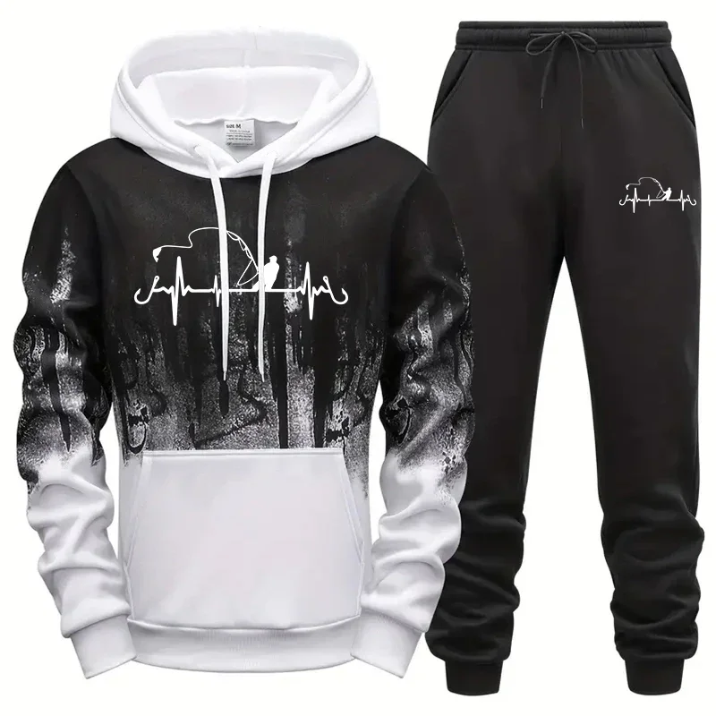 Mens Tracksuit Printed Splash-ink Sweatshirt Sweatpants 2 Pcs Sets Casual Sports Jogging Mens Clothing Street Hoodies Sportswear