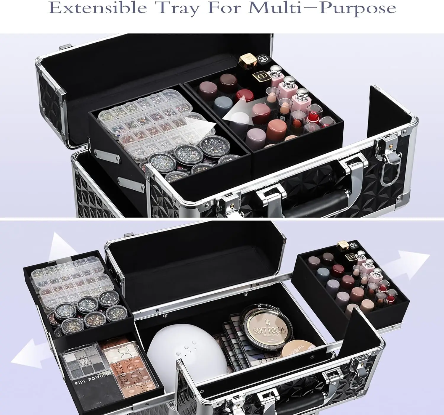 Rolling Makeup Train Case, Large Storage Professional Cosmetic Trolley Makeup Travel Case with Drawer Swivel Wheels  Case Trunk