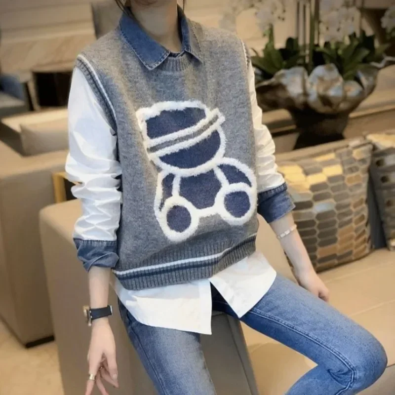 Waistcoat Loose Pullover Knit Vests for Women Gray Bear Lady Sweaters Cheap Clothes Vintage Clothing Trend 2024 Sales Classic