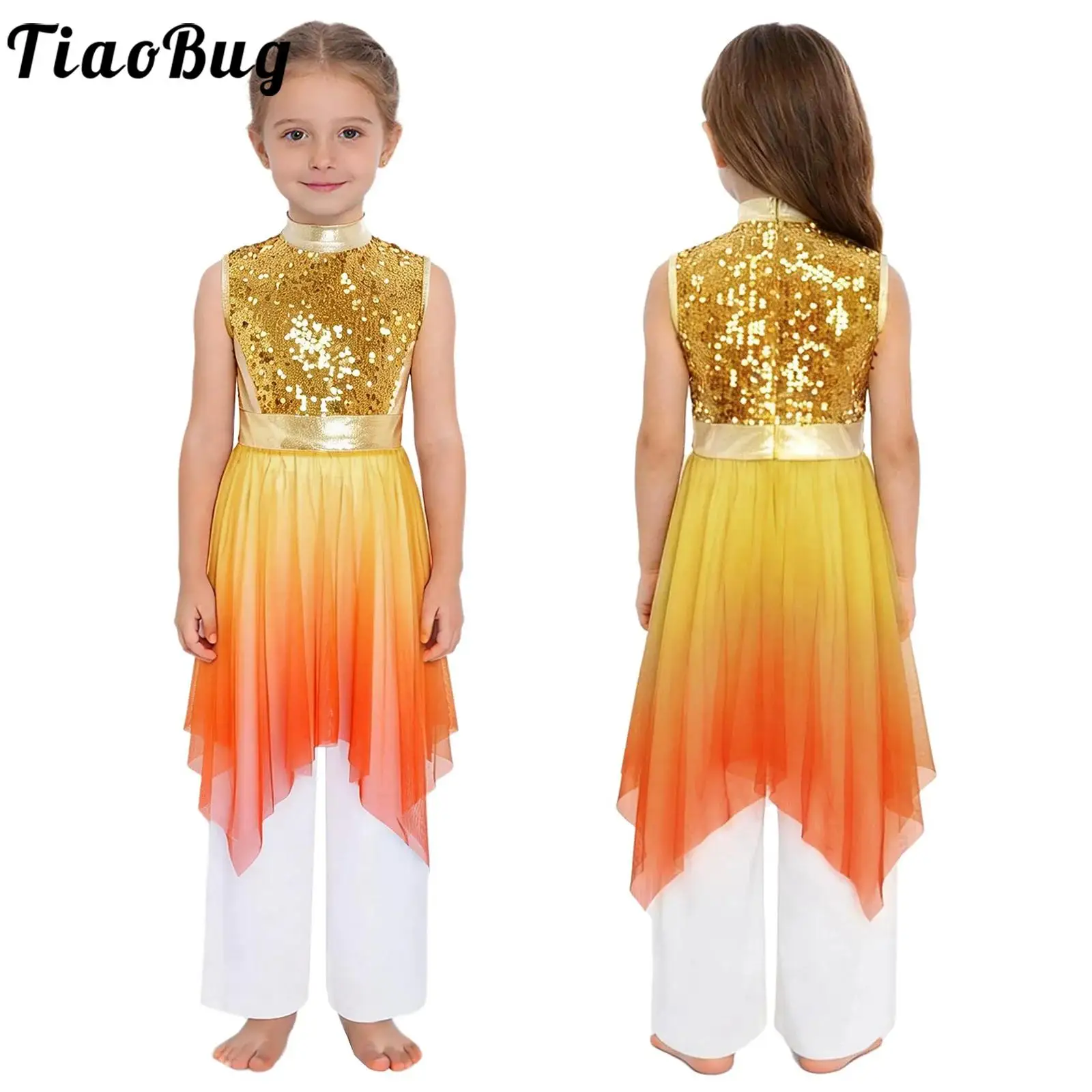 Traje de baile litúrgico de alabanza para niñas, Ropa de baile de adoración cristiana de Iglesia lírica, corpiño de lentejuelas sin mangas, vestido tipo túnica + Pantalones