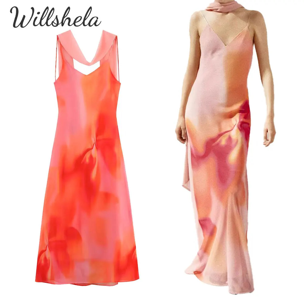 Willshela فستان نسائي صيفي شيفون مطبوع بدون ظهر ميدي فستان قصير بياقة وشاح أنثى أنيقة فساتين طويلة غير رسمية