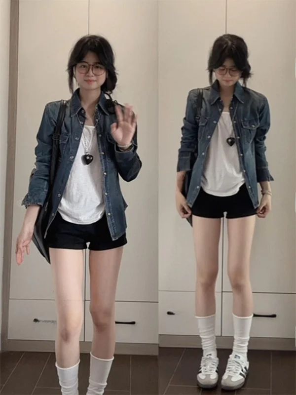 

Американская ретро-куртка-рубашка из денима для женщин, осенняя новинка, приталенный крой, с длинным рукавом, в корейском стиле, для повседневной носки