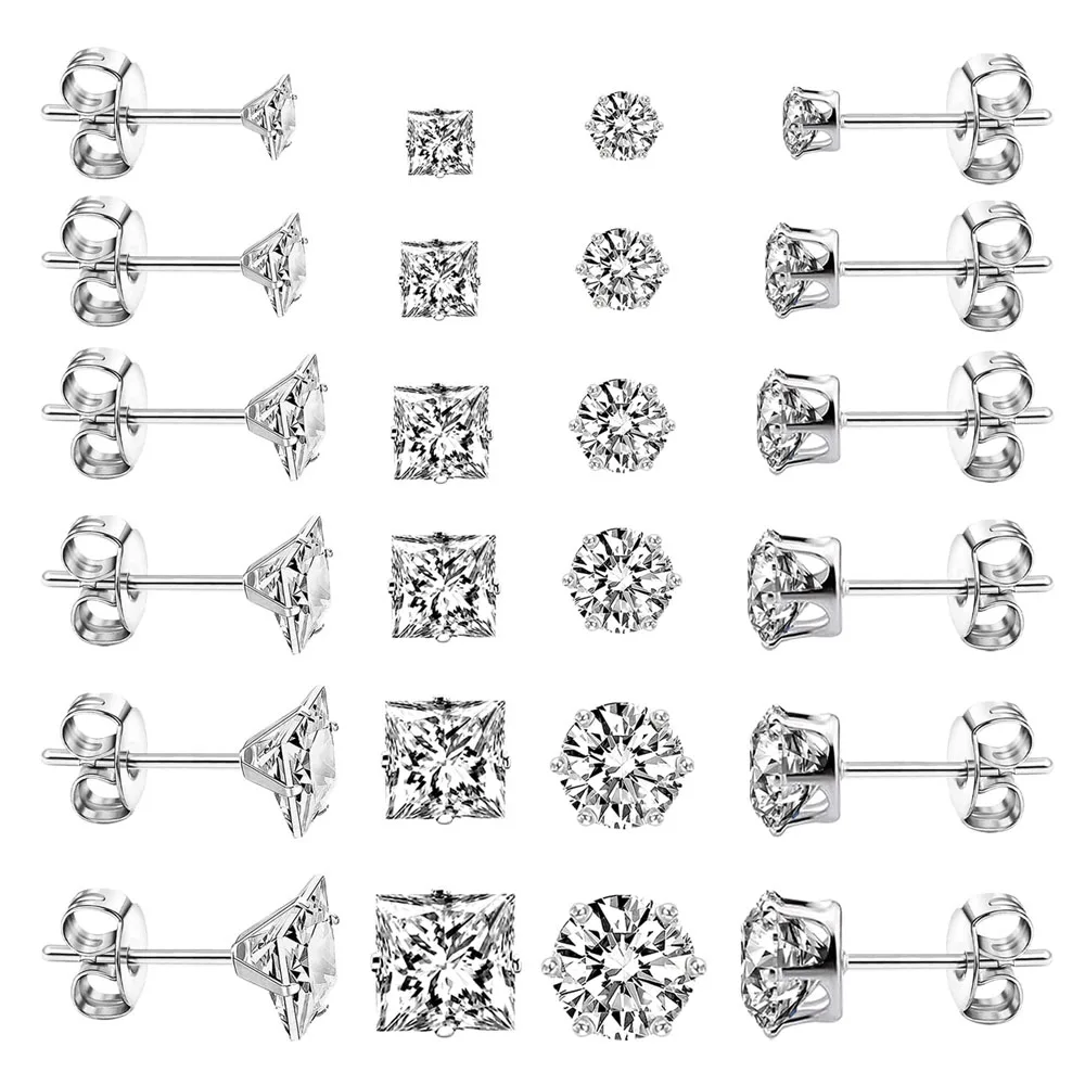 1 Pair Hypoallergenic Stainless Steel Small Tiny White Round/Square Cubic Zirconia Stud Earrings for Men Women Silver Tone 3-8mm