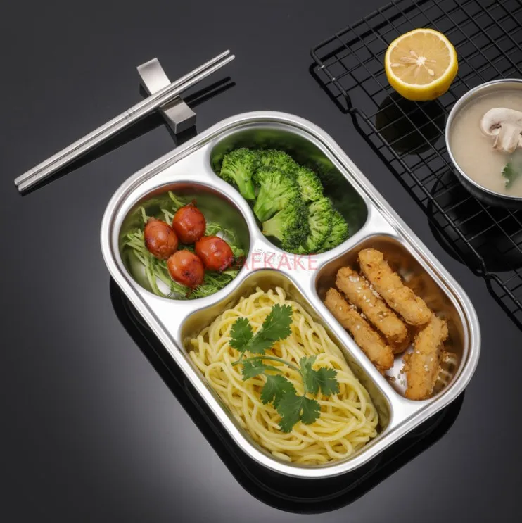 304 stainless steel dining plate, children's four grid anti drop dining plate, cafeteria household tableware set