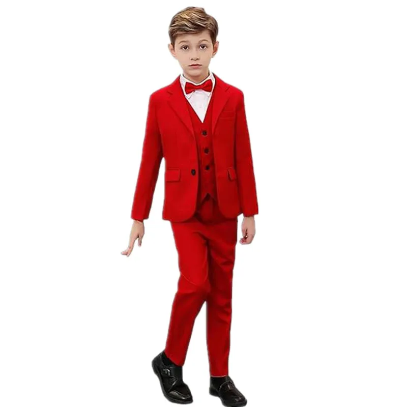 Boys Formal Red Jacket Vest Pants Bowtie 4Pieces Suit for Christmas Festive Tuxedos Kids Wedding Birthday Photography Outfit
