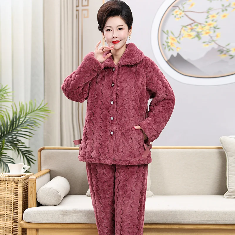 Solid pyjamas women three-layer thick warm winter quilted jacket womens coral velvet padded pajamas pijama mujer invierno