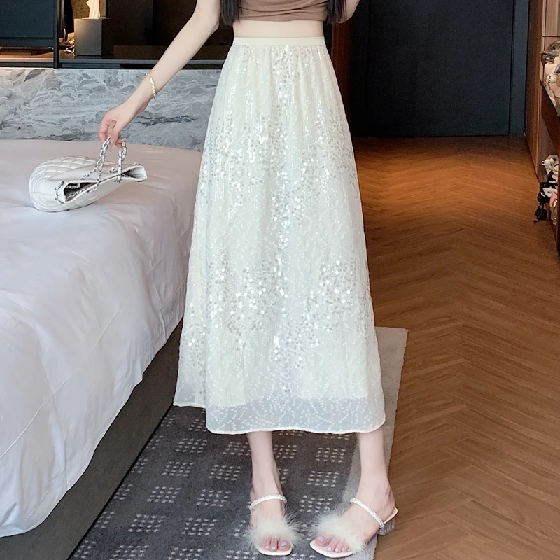 

2024 Women's Spring Summer New Elastic High Waist Loose Skirt Female Midi Long Casual Skirt Ladies Sequined A-line Skirts B290