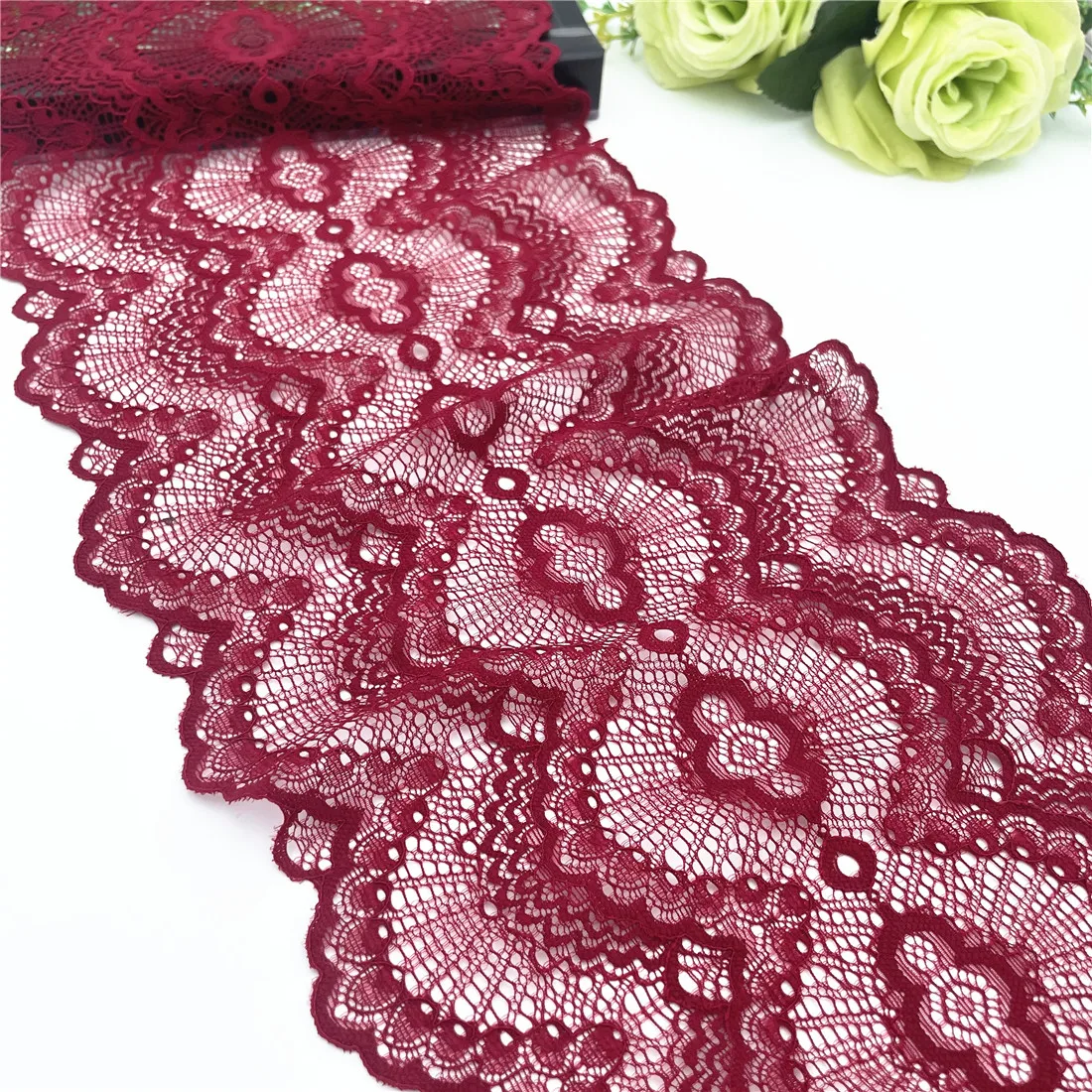 3y/lot Width 20.50cm Dark Red Elastic Stretch Lace Trims For Clothing Accessories Dress Sewing Applique Costume Lace Fabrics