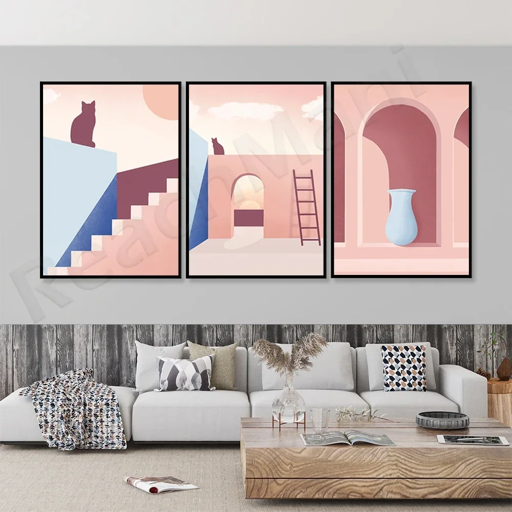 Retro tone architectural prints, urban art structure, minimalist wall art, soft colors, cats, landscape prints posters