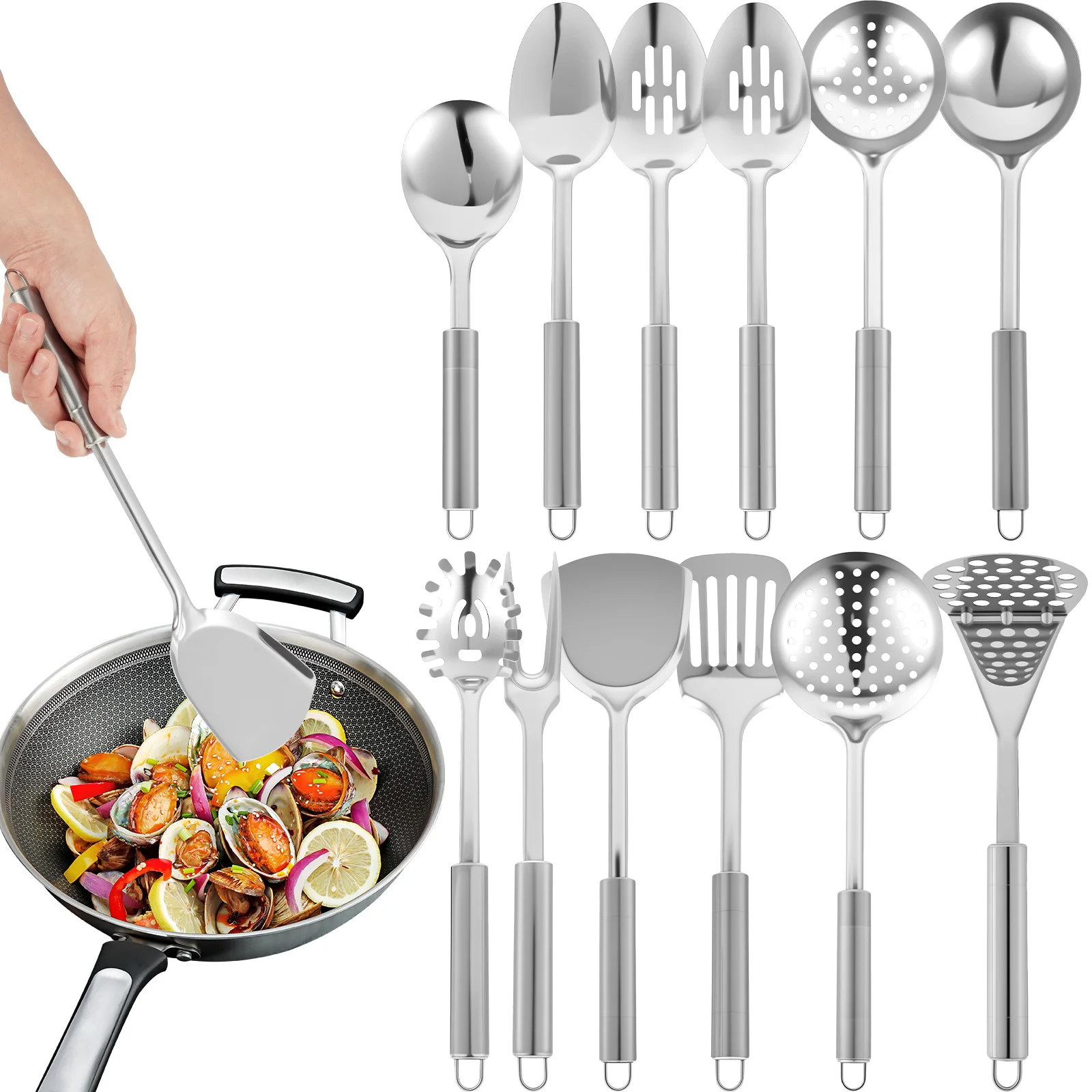 10/12 Cooking Utensil Set Stainless Steel Spatula and Spoon Cooking Utensils Hanging Loop Design Easy to Store and Organize