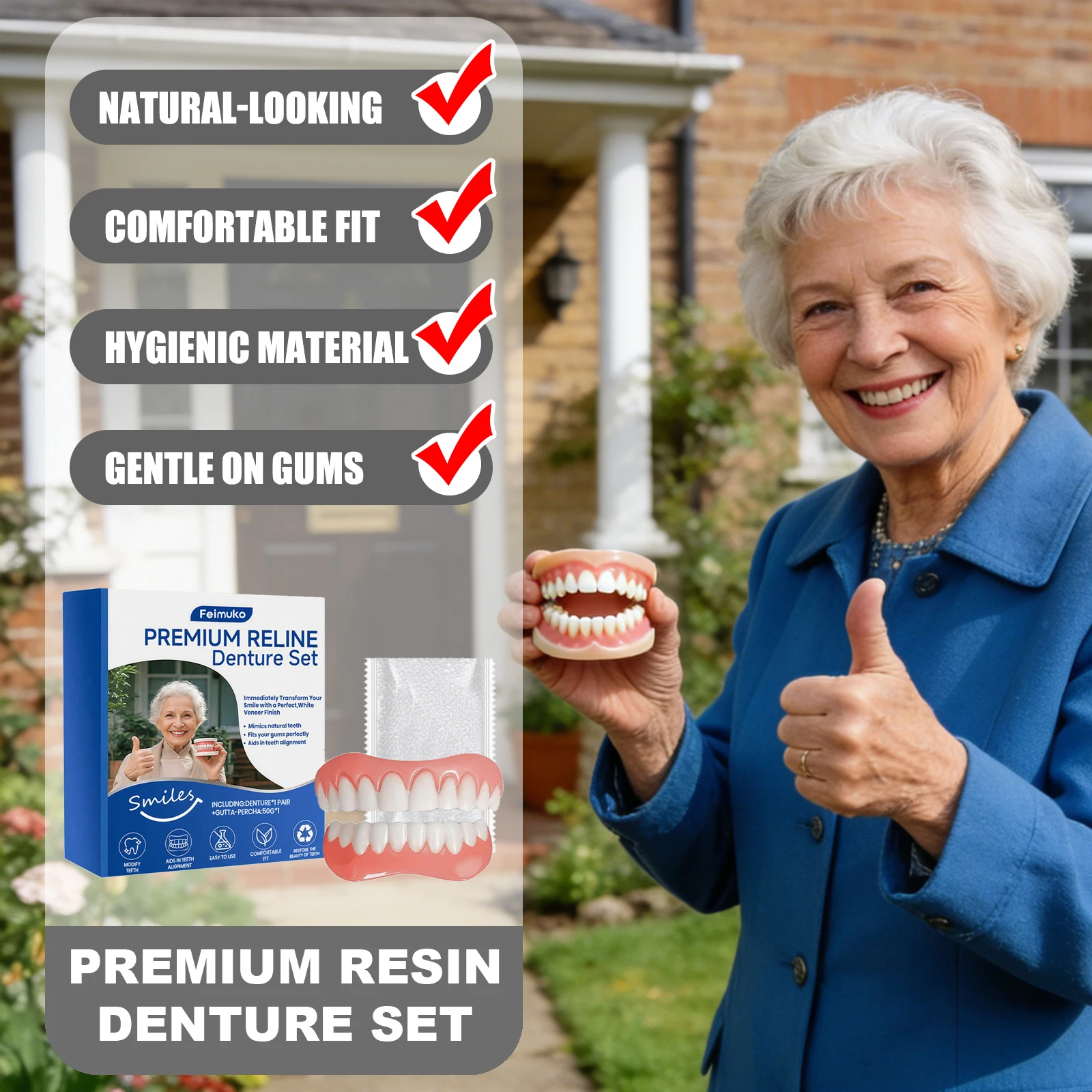 Feimuko Premium Resin Denture Set Perfect Fit Natural-Looking Reusable Safe Material Gentle On Gums