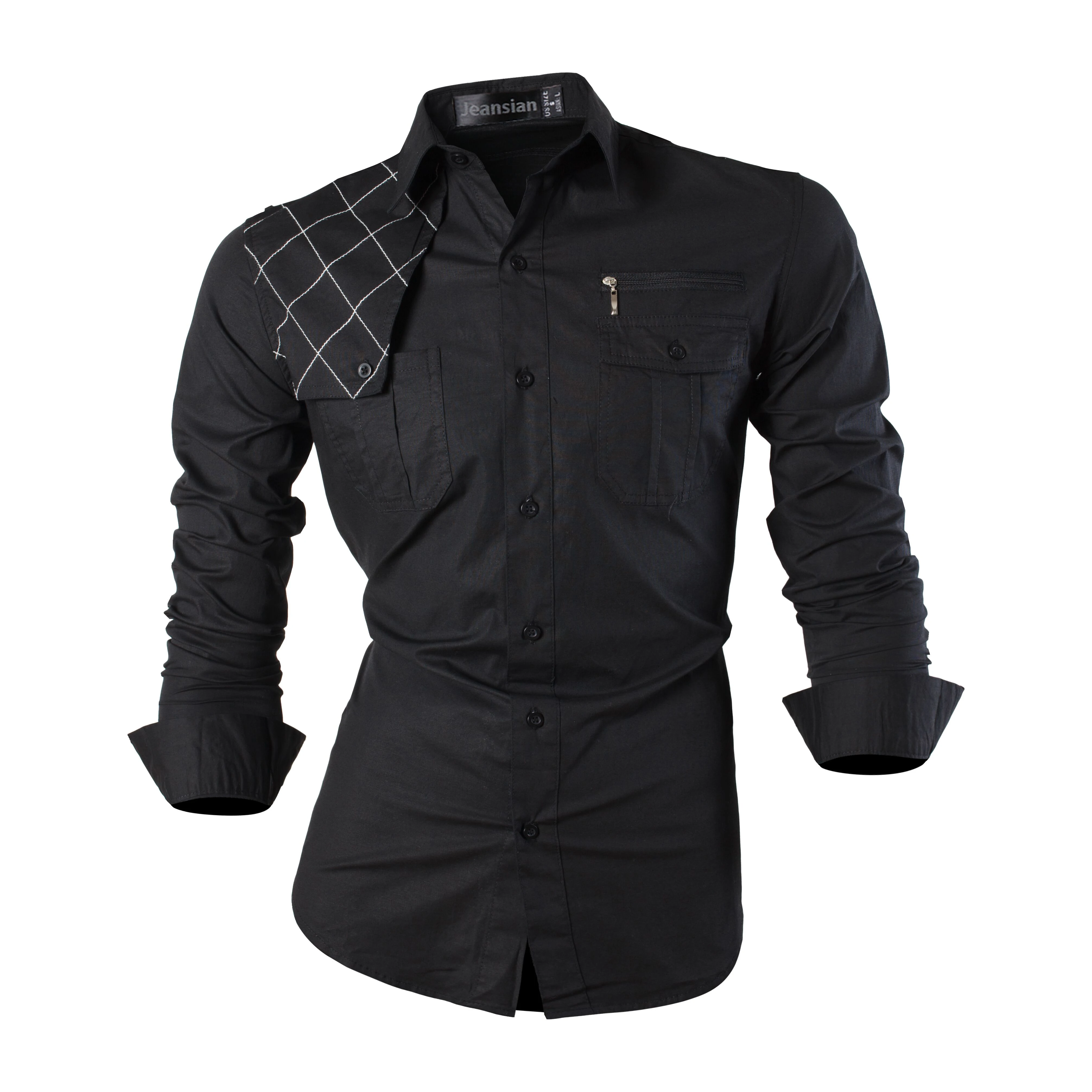 Jeansian Men's Casual Dress Shirts Fashion Desinger Stylish Long Sleeve K371 Black2