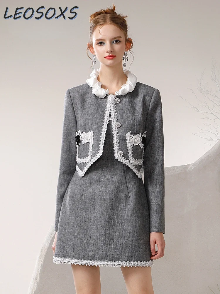 

Women Three-dimensional Flower Slimming Jacket Fabric Pleated Stand-up Collar Long Sleeve Shirt High-End Design Sense Gray Coat