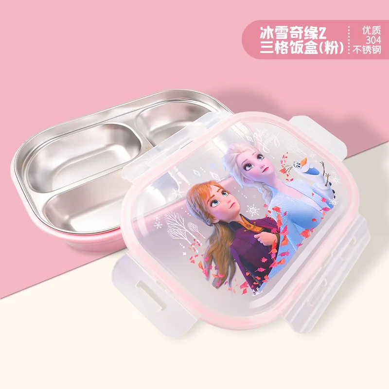 Mickey Minnie Disney Cutlery Three Grid Lunch Box Frozen Princess Cartoon Cute Pattern Stainless Steel Student Lunch Box Cutlery