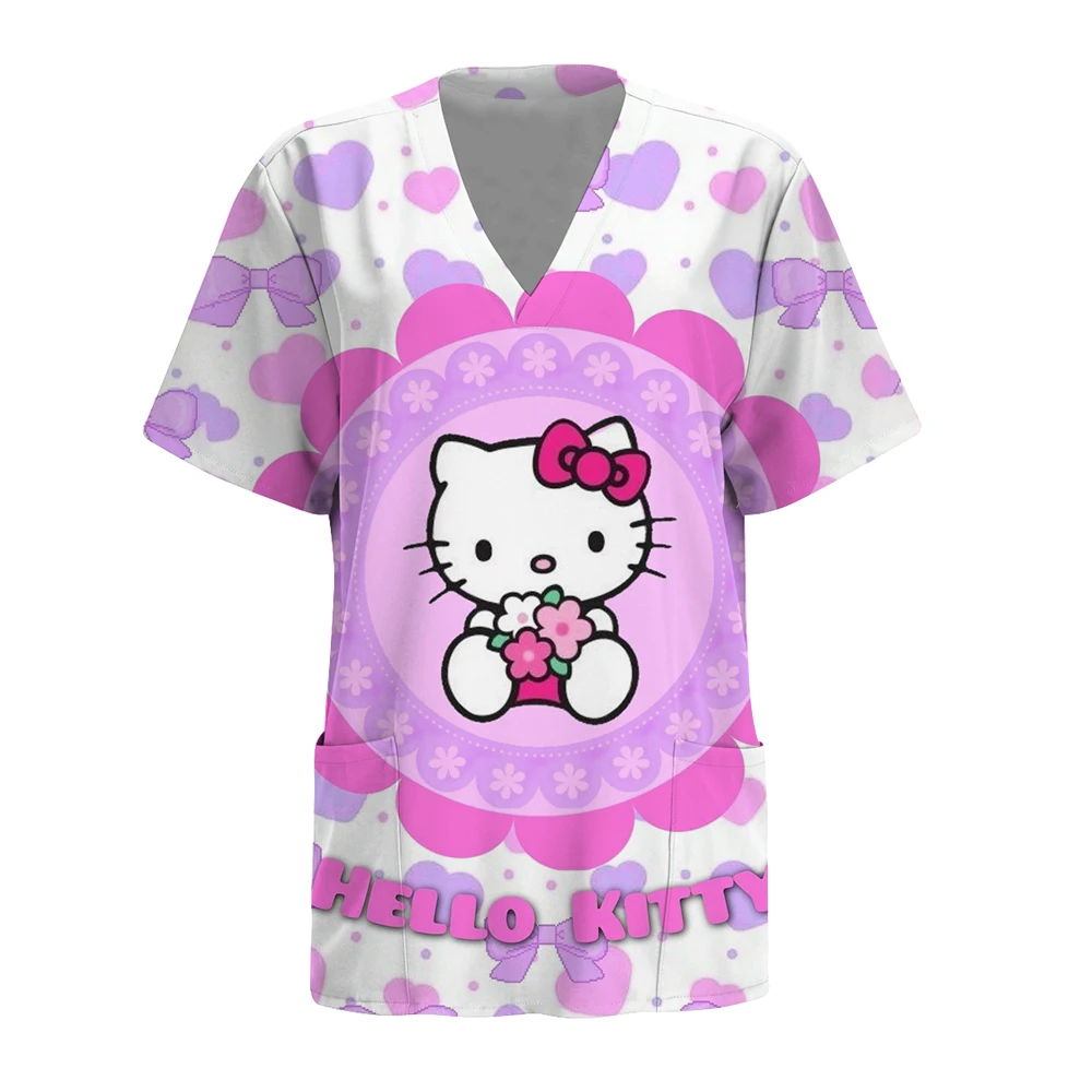 

Halloween Clinical Uniform Woman Cute Hello Kitty print Healthcare Nursing Fashion V-Neck with Pockets Woman Medical Uniform ﻿