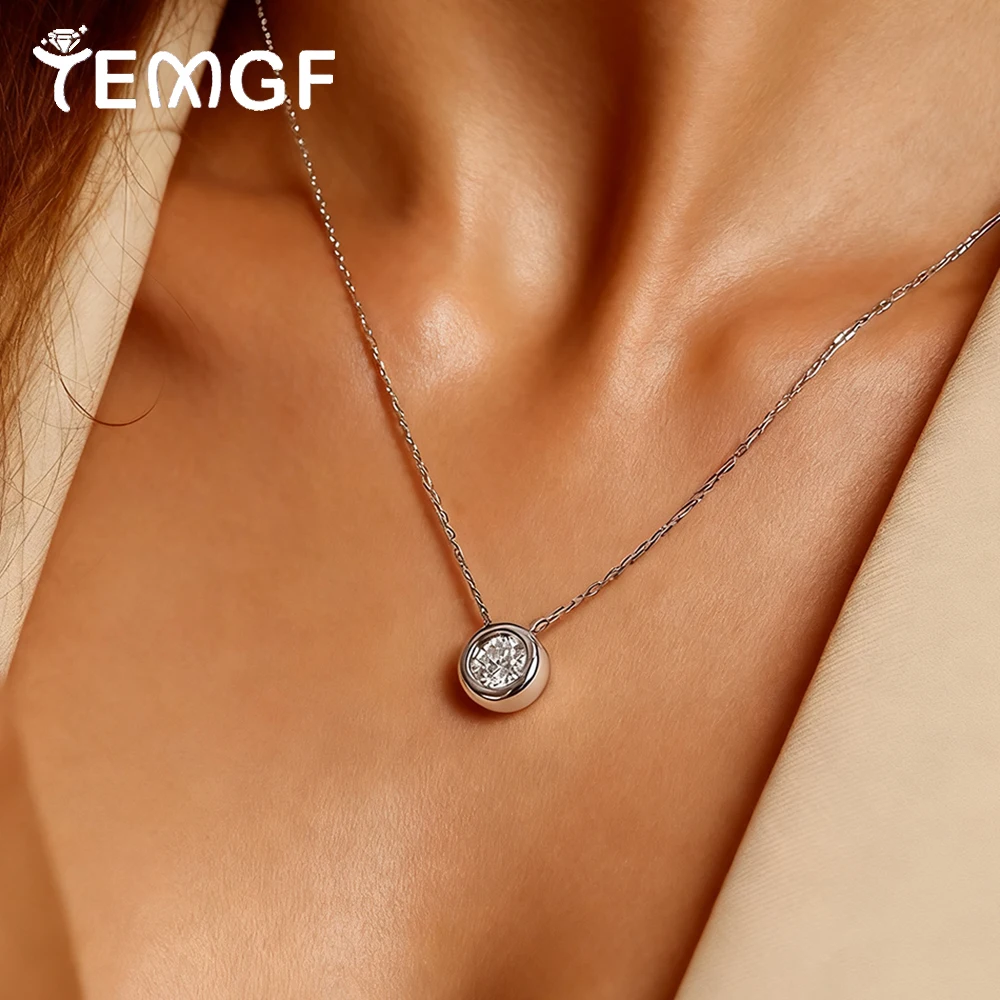 

TEMGF 5mm/6.5mm Moissanite Necklace for Women Simple 925 Silver Solitaire Bubble Pendant Chain Plated 18K Gold Wedding Jewelry