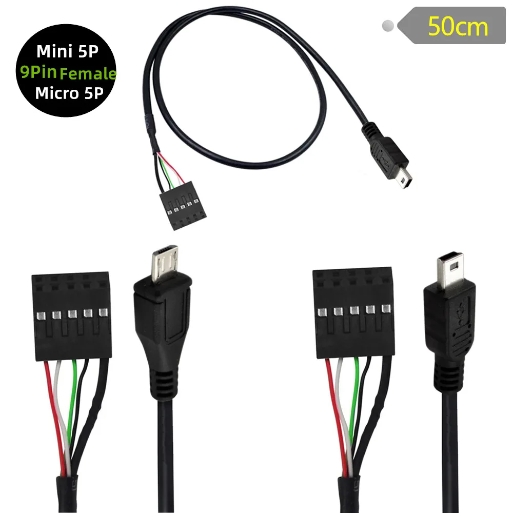 50 CM USB 2.0 Micro 5Pin /Mini 5Pin Macho para 9Pin Fêmea 2.54 USB cabeçalho PCB cabo da placa-mãe;