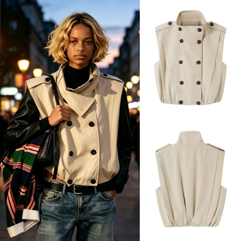 Women's Vest 2026 Autumn New Fashion Stand Collar Double Breasted Epaulet Button Ruffle Hem Sleeveless Cropped Casual Top