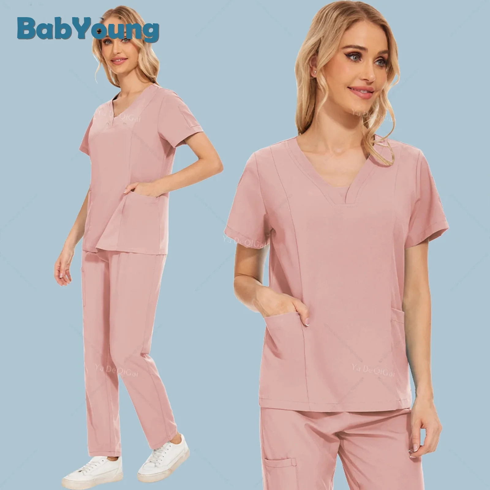 Mulheres Tecido Stretch Medical Scrubs Set, Médico Uniformes, Enfermeira Acessórios, Uniforme de Enfermagem, Roupas de Beleza, Pet Grooming Workwear