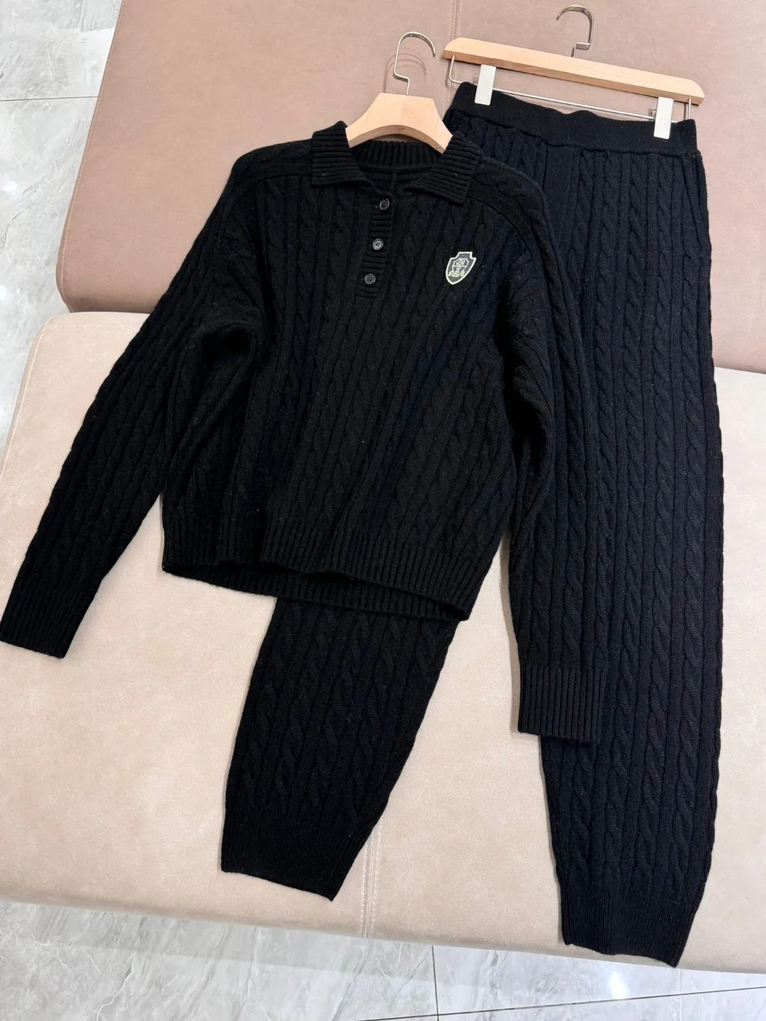 Autumn casual solid color twisted knitted 100% cashmere set of clothes