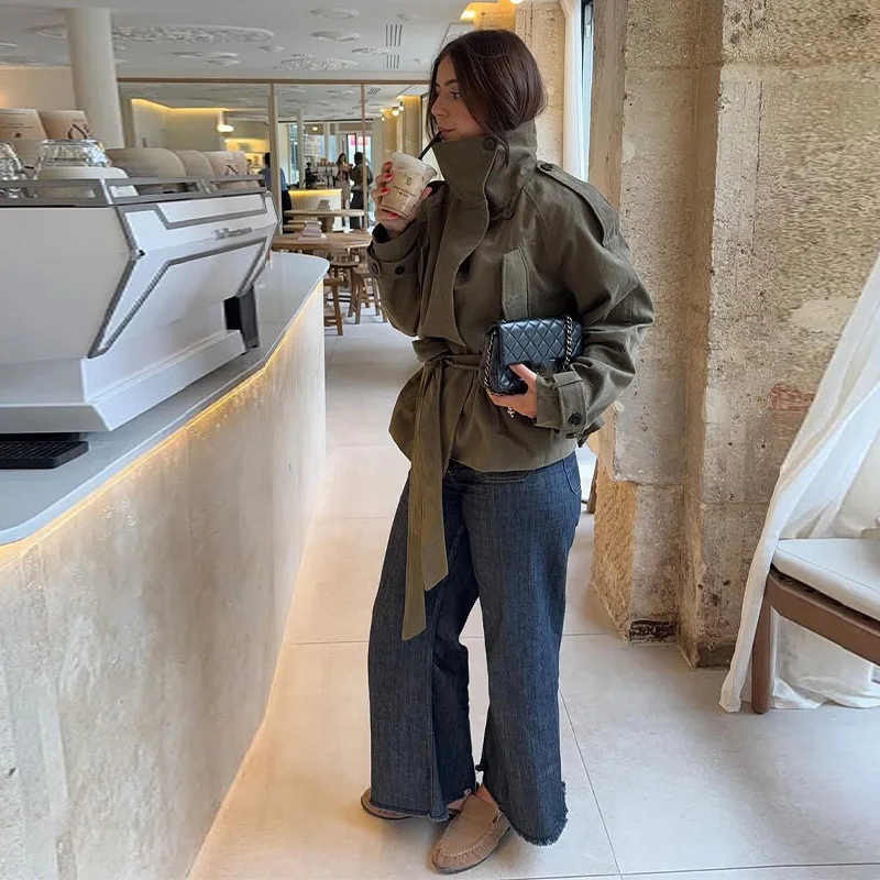 Elegant Loose Trench Coat Casual Chic Stand-up collar Long Sleeve With Belt Coats 2025 New Lady Autumn Winter Streetwear