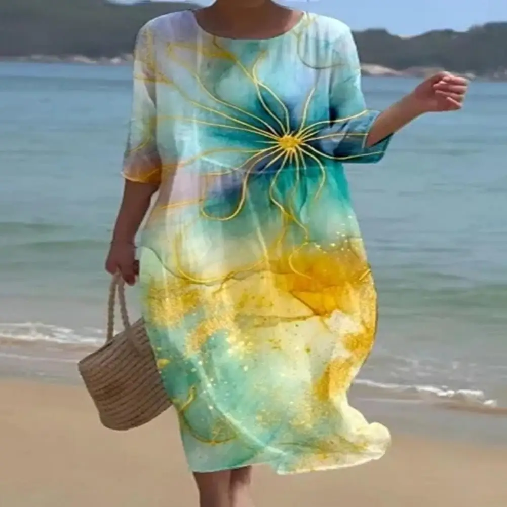 

Vintage Women Dress Floral Embroidery Beach Dress Ladies Short Sleeve O-neck Cotton And Linen Boho Dresses Summer