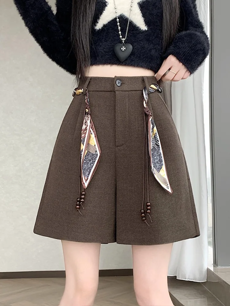 Deep ey Thi Pantaloni invernali da donna a cinque quarti in lana a vita alta a gamba larga Pantaloni casual con cerniera a gamba dritta comodi