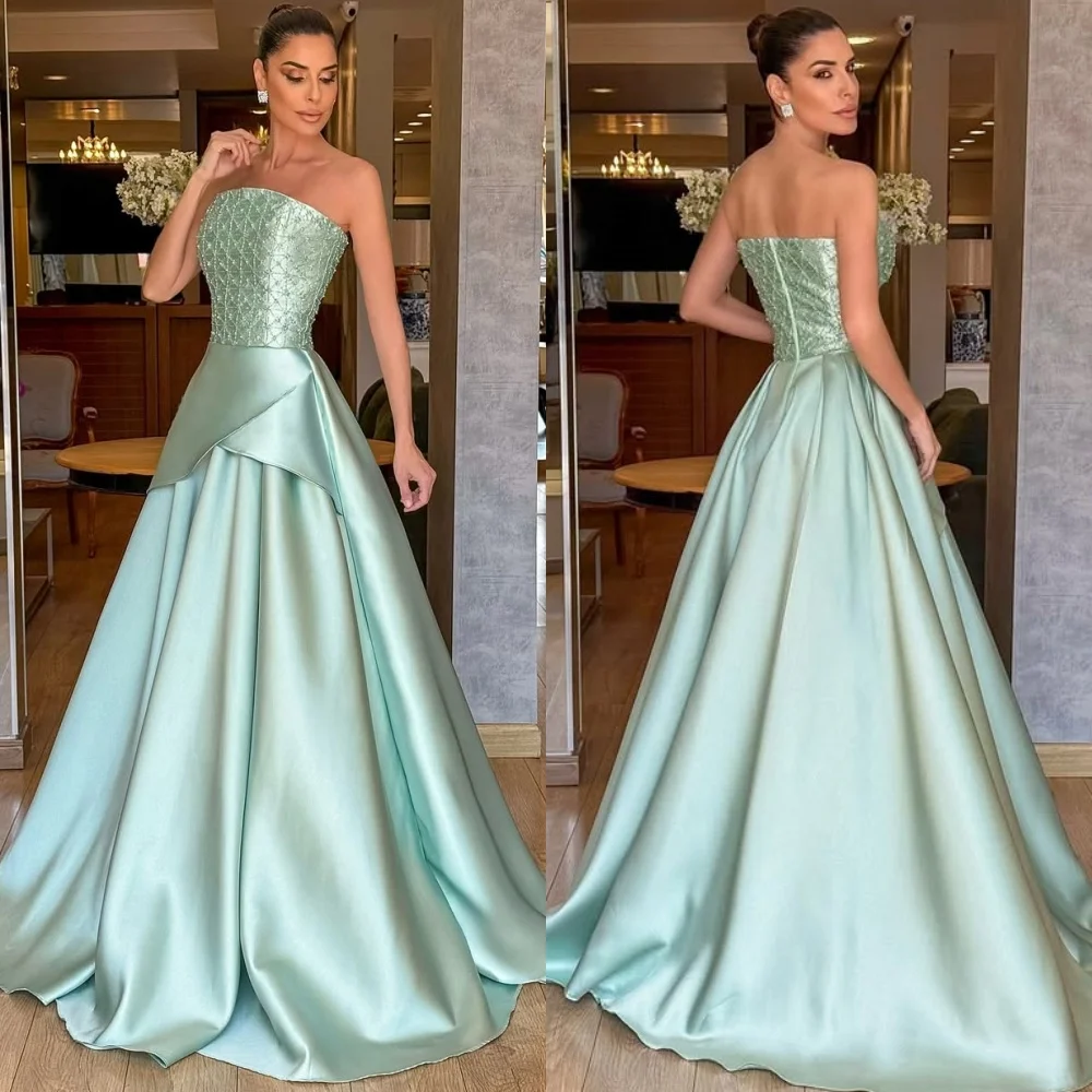 

Customized High Quality Intricate Charmeuse Beading Ruched A-line Strapless Long Dresses Bespoke Occasion Dresses Elegant Formal