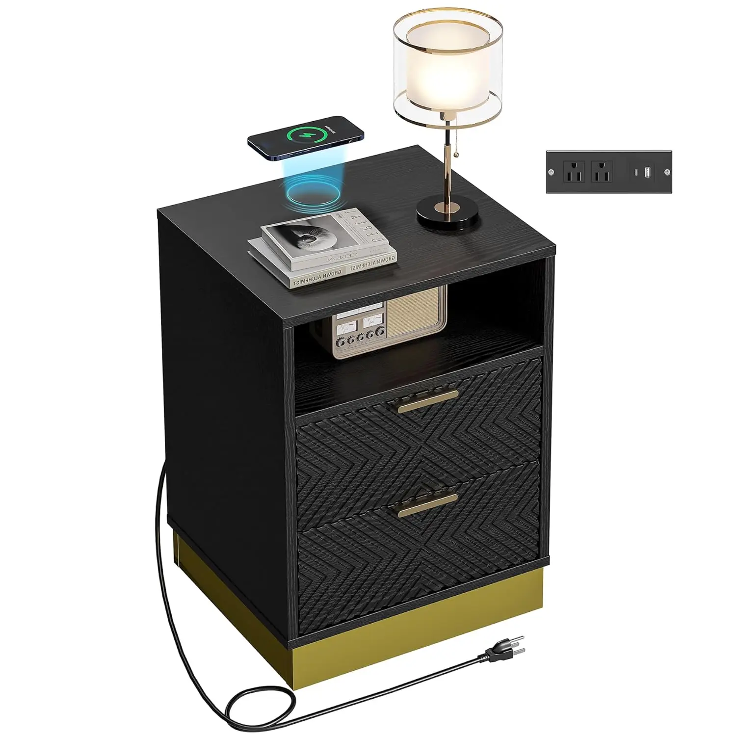 Black Nightstand 15W Wireless Charging USB Ports 2 Drawers Bedside End Side Table Bedroom Living Room, Customized
