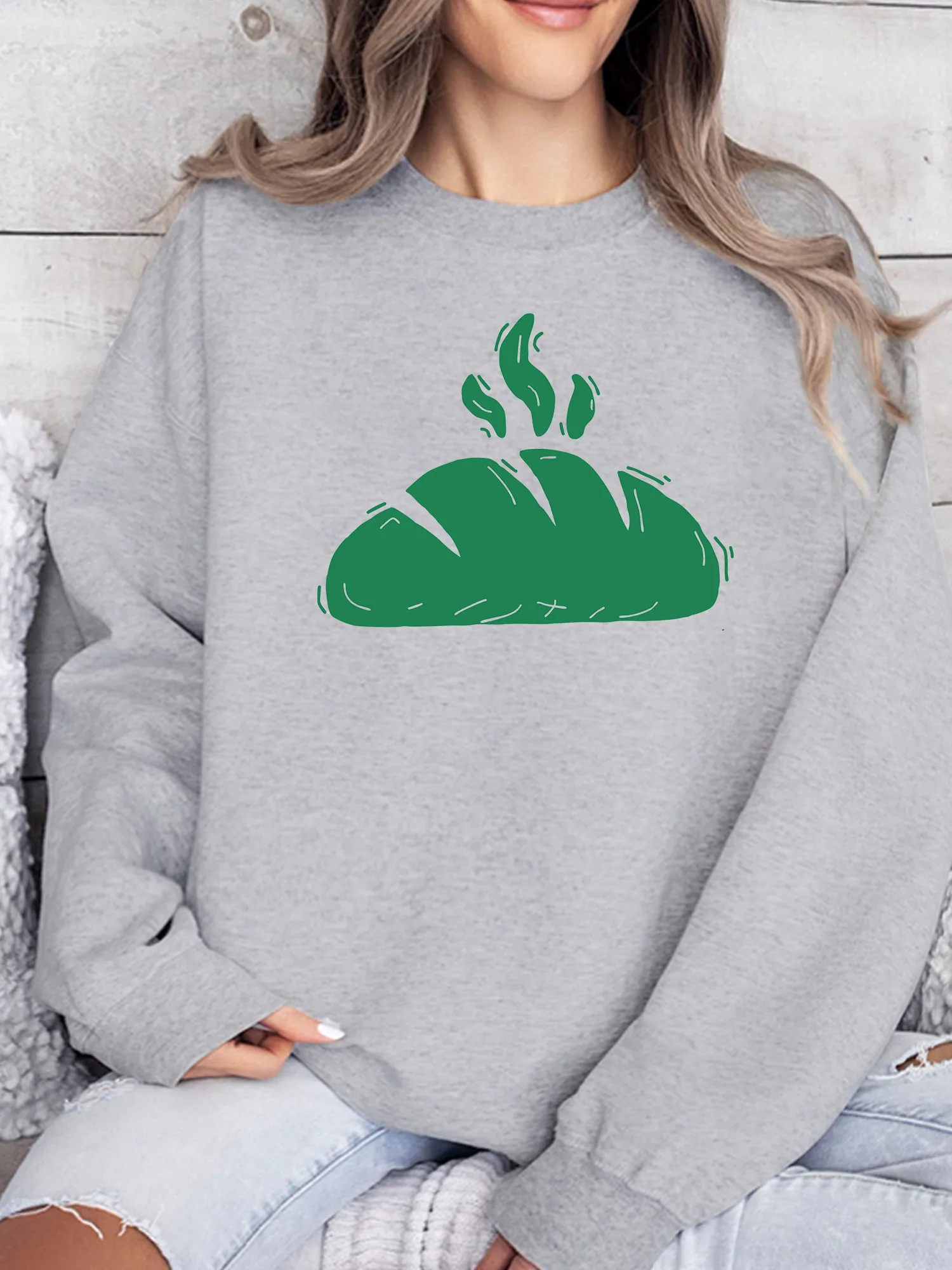 

Женская толстовка с принтом Green Fresh Bread, повседневный пуловер с длинными рукавами, свободный крой, уличная одежда для осени и зимы