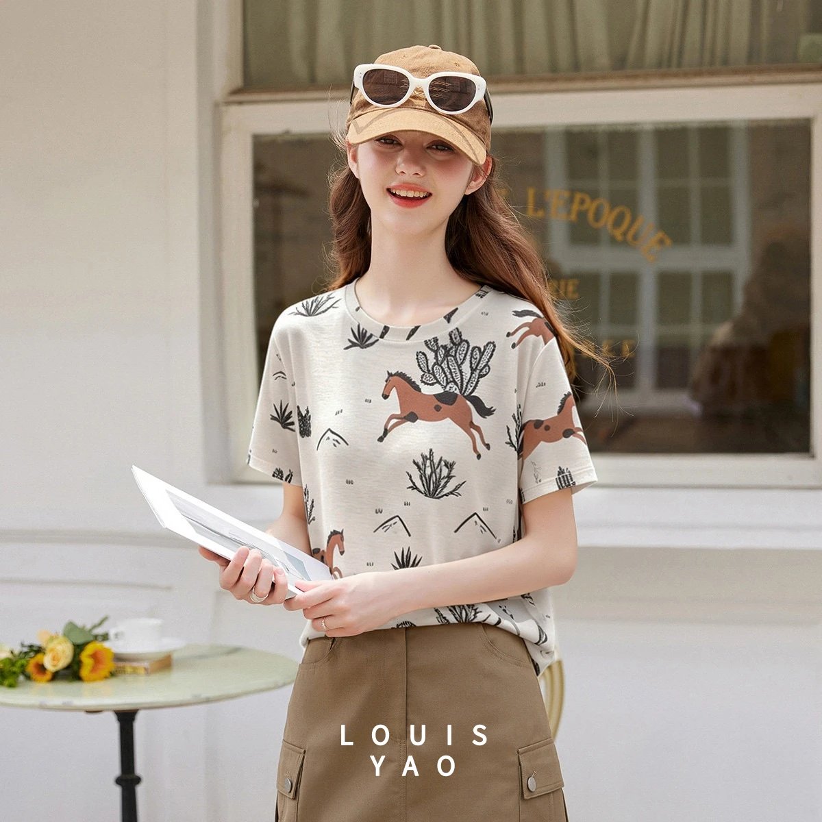 LOUIS YAO Women's T-Shirts 2026 Summer Crew Neck Cactus Print Casual Loose Youthful Top Playful Knit Short Sleeve T-Shirt