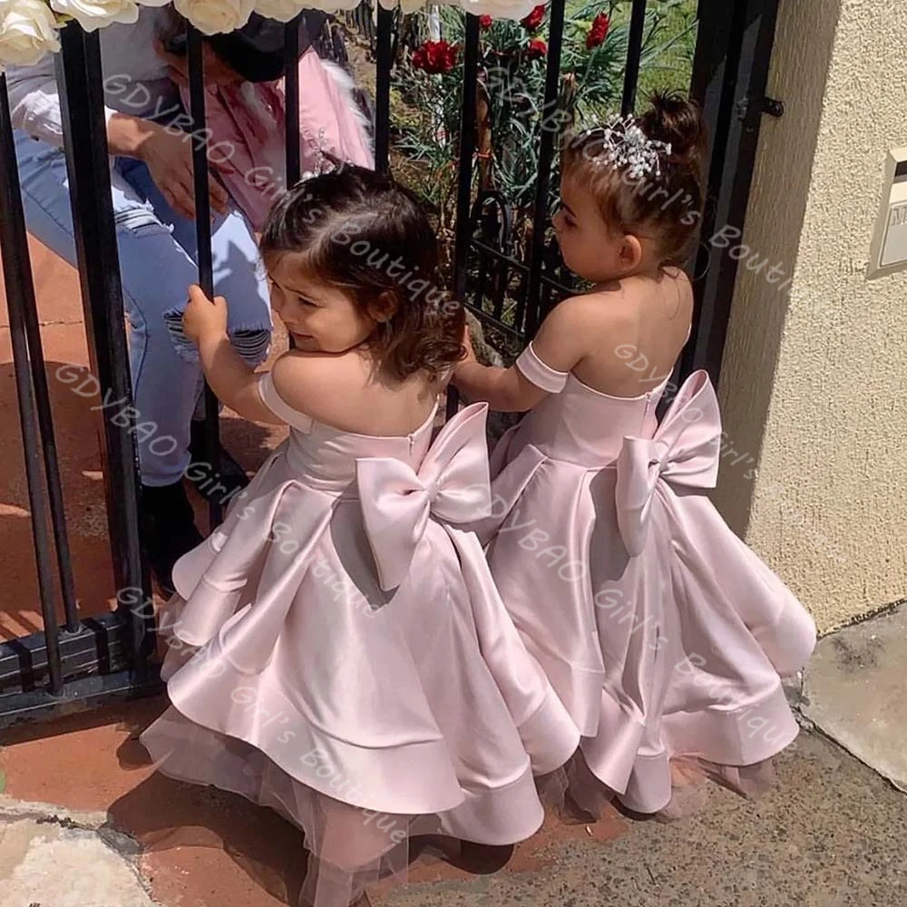

Baby Girls Princess Dress With Satin Bow Off Shoulder High Low Flower Girl Dresses for Wedding 2-14 Kids Pageant Birthday Gown