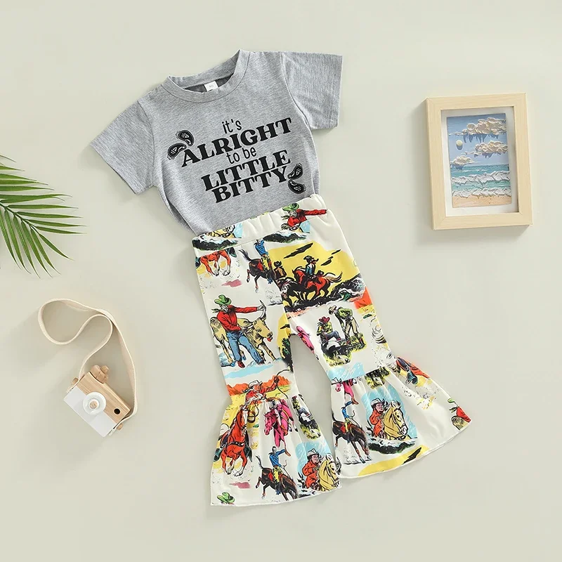 

Kids Girls Casual Suit Letter Printed Short Sleeve Tops Cartoon Printed Flared Long Pants