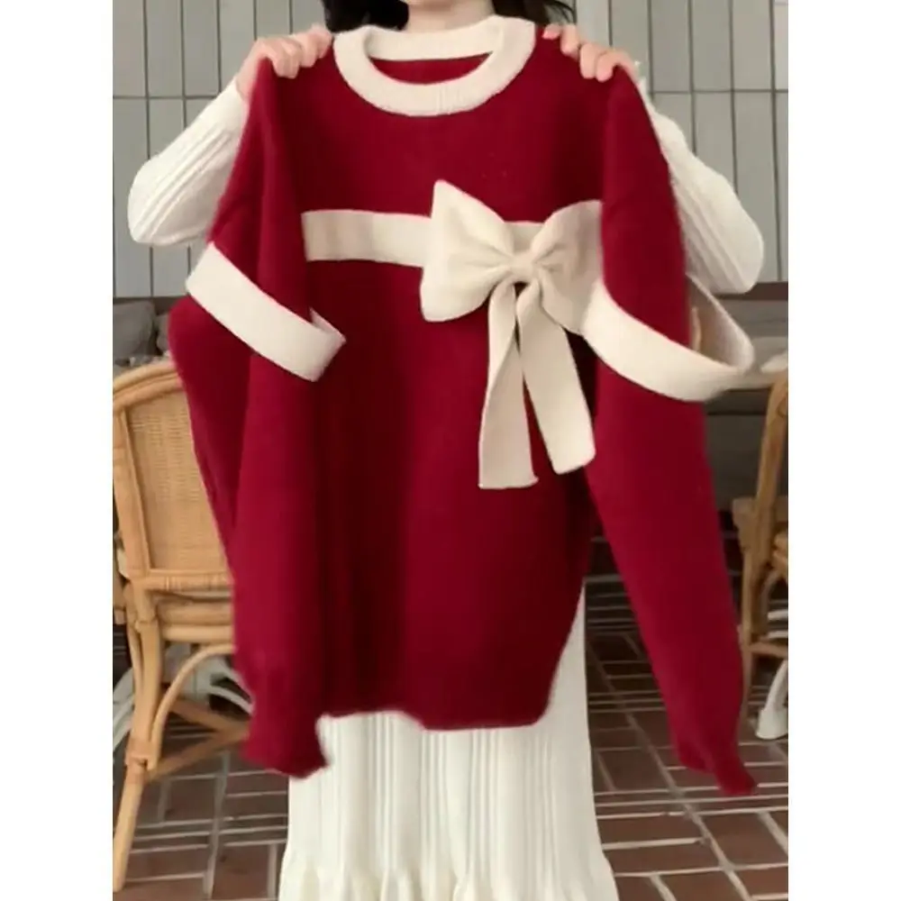 الأحمر المتضخم المرأة تريكو الخريف الشتاء جديد Sle عقدة عادية فضفاضة تناسب طويلة Sve جولة Ne سترة حجم كبير