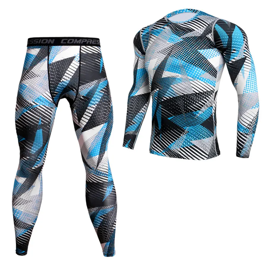 2 peças de compressão MMA manga longa t-shirt e leggings conjunto para homens, kit rashguard, camisola de camuflagem, fitness roupa interior térmica