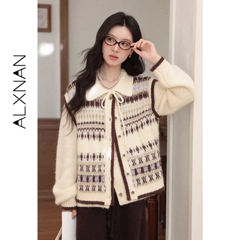 

ALXNAN Fair Isle Knit Cardigan Women Vintage Lapel Fake Two-piece Sweater Casual Wooden Floral Buttons Long Sleeve Tops L60816