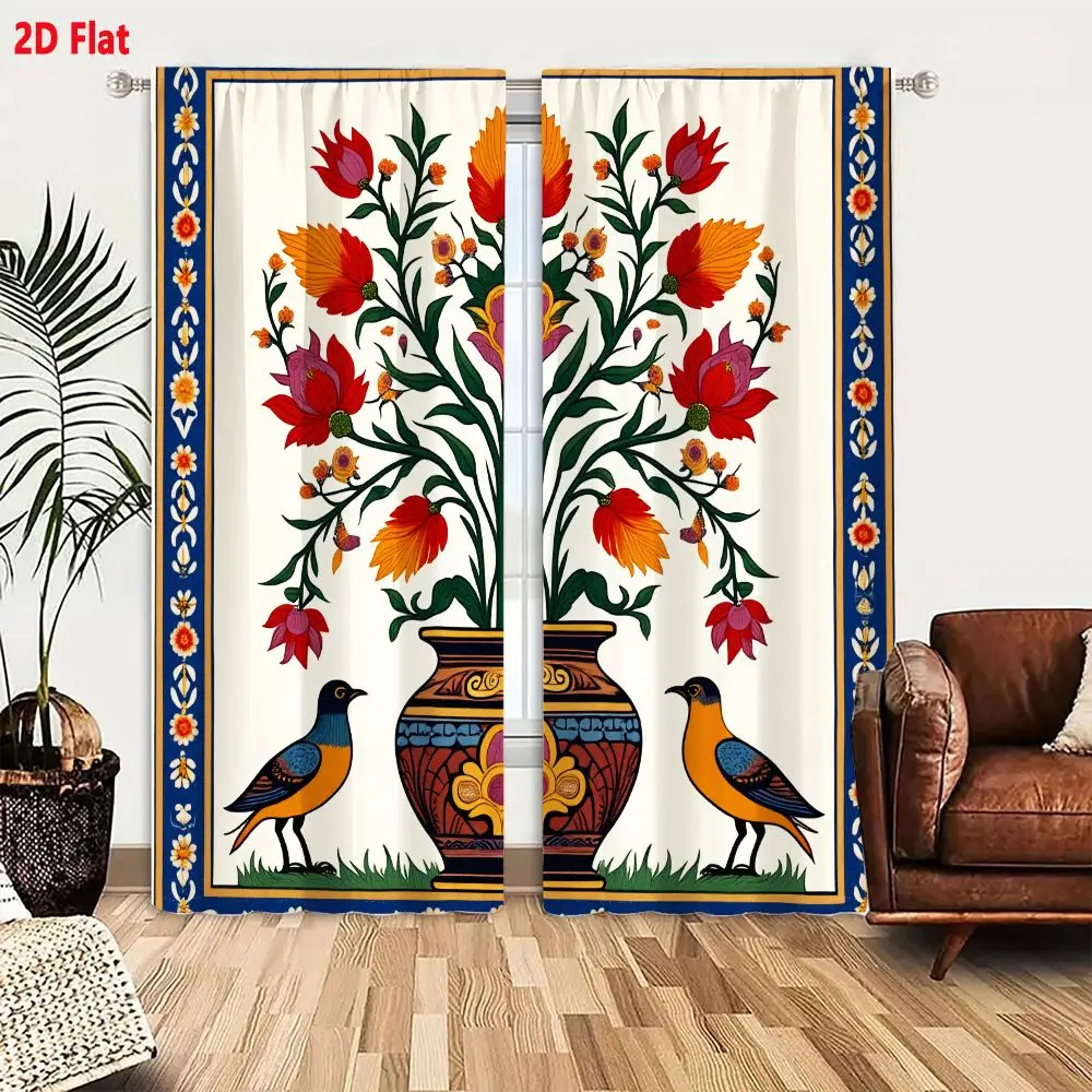 2Pcs Curtains 2D Flat Vibrant Folk Art Vase Overflowing With Colorful Flowers And Symmetrical Birds In Decorative Border Window