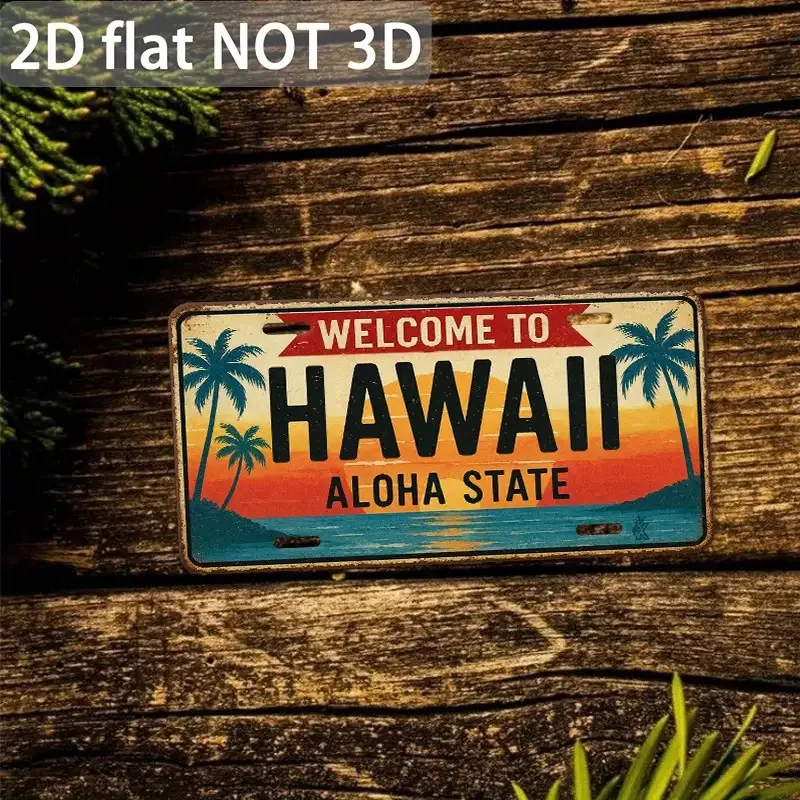 Letrero de Matrícula Hawaiana Vintage 2D Plano, 1 Pieza - Decoración de Pared Tropical de Hawái con Palmeras y Atardecer