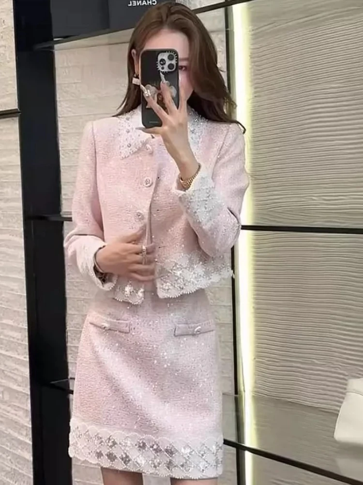 Elegant Jacket 2026 Autumn New Lapel Beaded Spliced Short Outerwear High Waist Pleated Mini Skirt Refined Socialite Ensemble