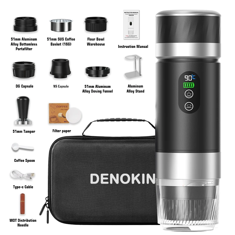 DENOKIN 3-in-1 draagbare espressomachine met digitaal display, verwisselbare batterij voor auto, thuis en kamperen.