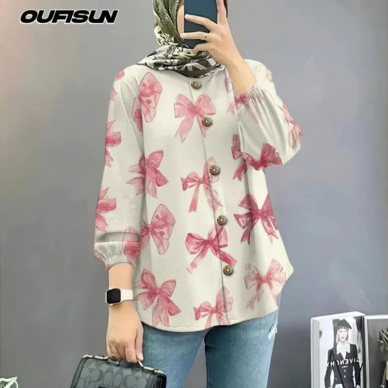 เสื้อเชิ้ตมุสลิมขนาดใหญ่พร้อมผูกรูปผีเสื้อเสื้อเชิ้ตแขนยาวสไตล์หวานแขนพัฟราคาถูก 2025 เสื้อฤดูร้อน