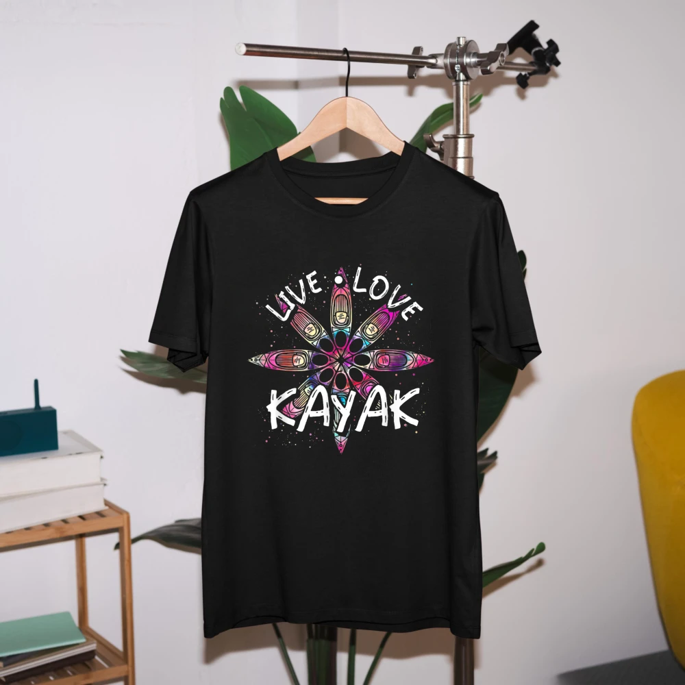Live Love Kayak Art Print T Shirt Men Summer Cotton Short Sleeve Outdoor Kayaking Enthusiast Casual Streetwear Sports Gift Tops
