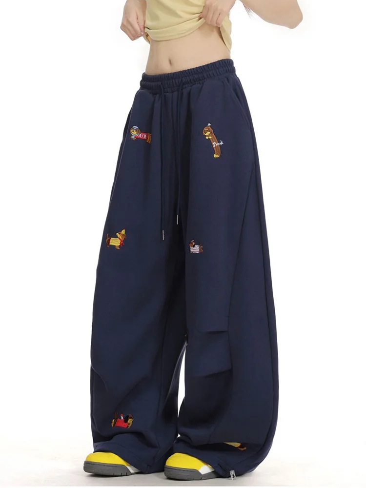 Bordado dos desenhos animados y2k sweatpants feminino vintage americano cintura alta perna larga calça streetwear solto casual bf primavera novo