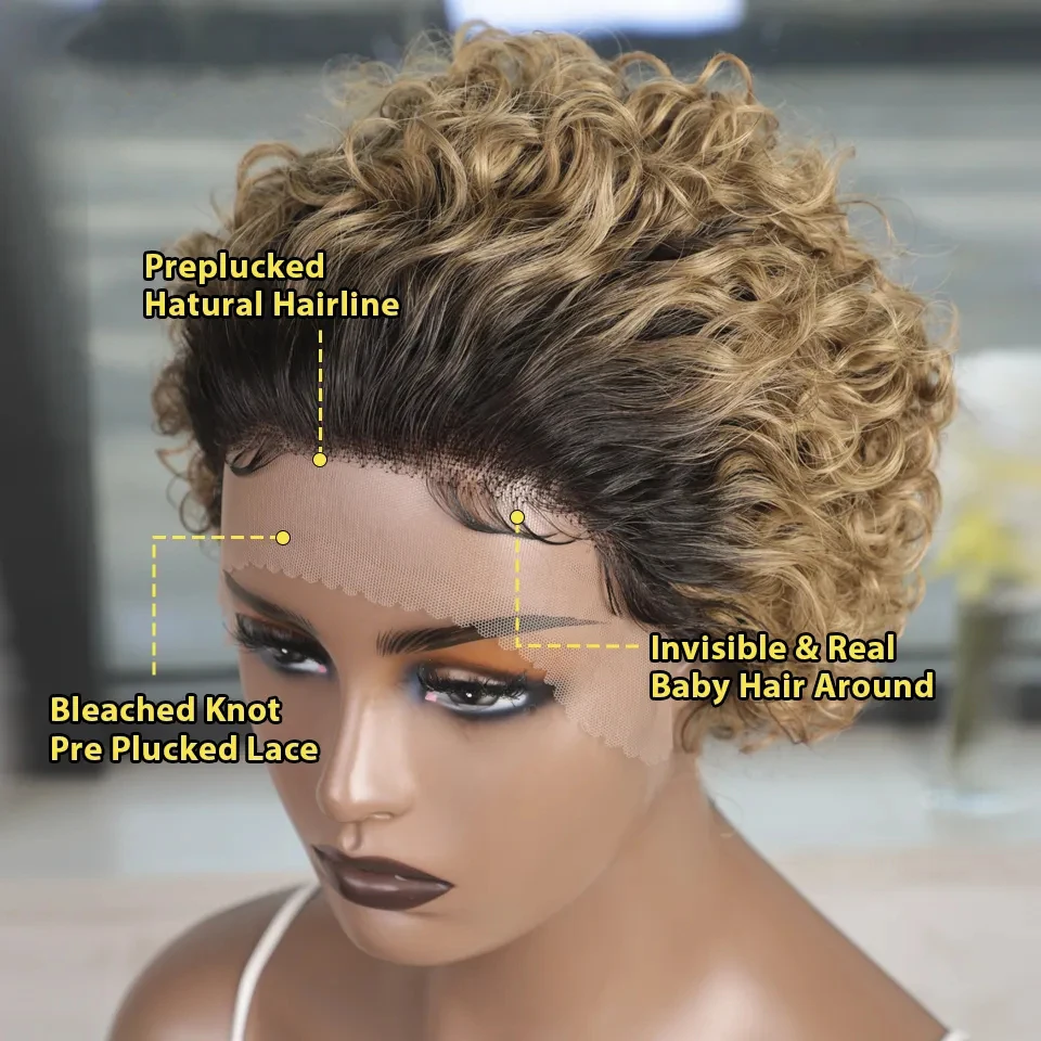 Curly Pixie Cut Wig Highlight Lace Wig Spring Curl Short Bob Human Hair Wigs For Women Natural Black Colored Blonde Cheap Wig