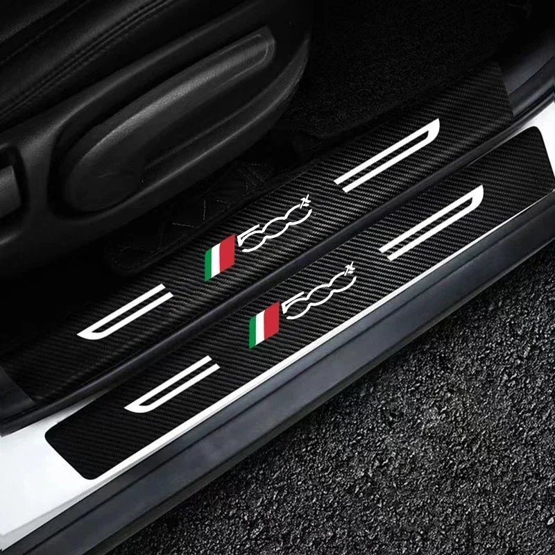 Carbon Fiber Car Doorsill Sticker Protective Film For 500X Badge Door Threshold Pedal Scuff Plate Decals Accessories For Fiat