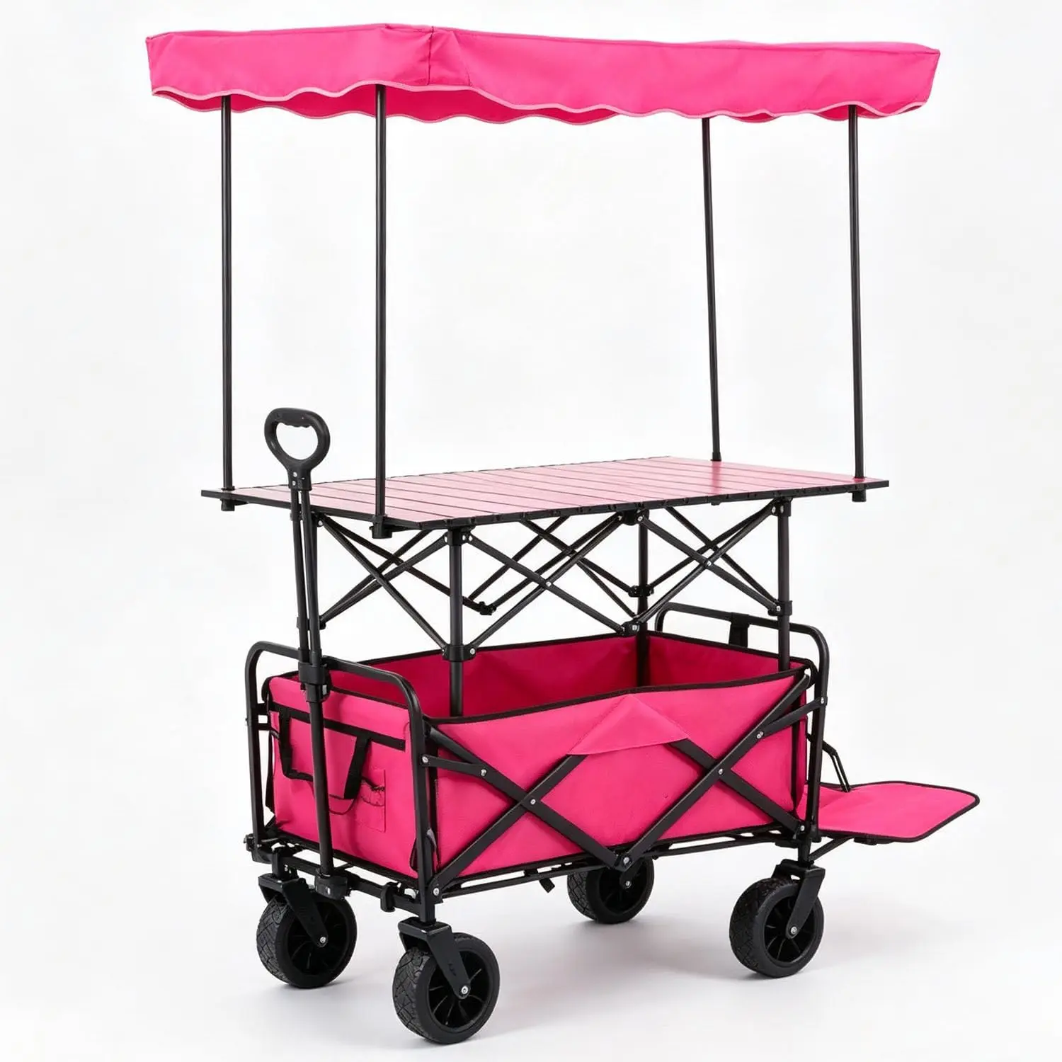 Portable Mobile Street Vendor Food Cart Market Stall Table, Foldable Wagon Cart with Canopy, Heavy Duty Garden Cart with Wheels,