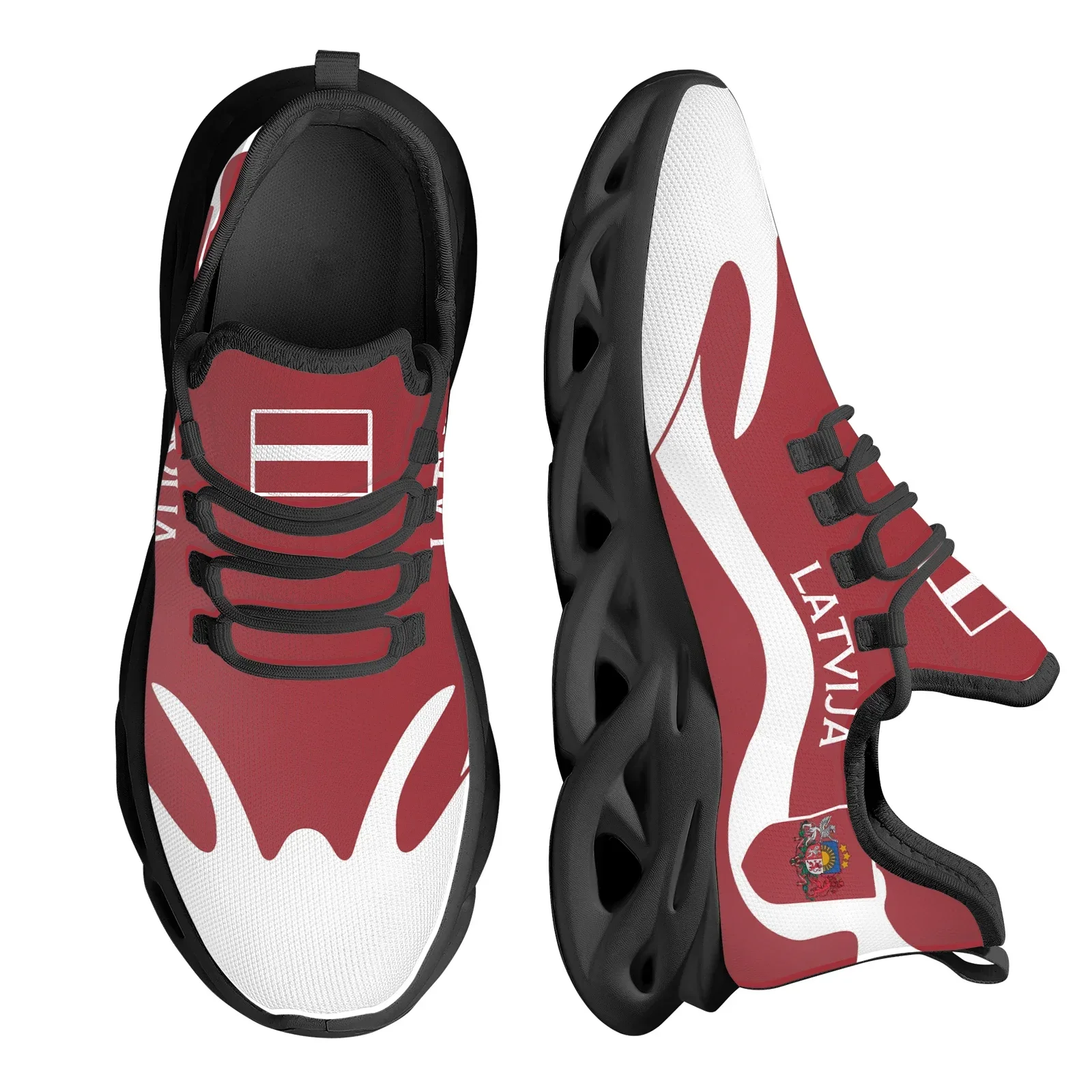 

Red And White Latvia Country Flag Design Thick-soled Blade Shoes Lightweight Outdoor Shockproof Sports Shoes Zapatos