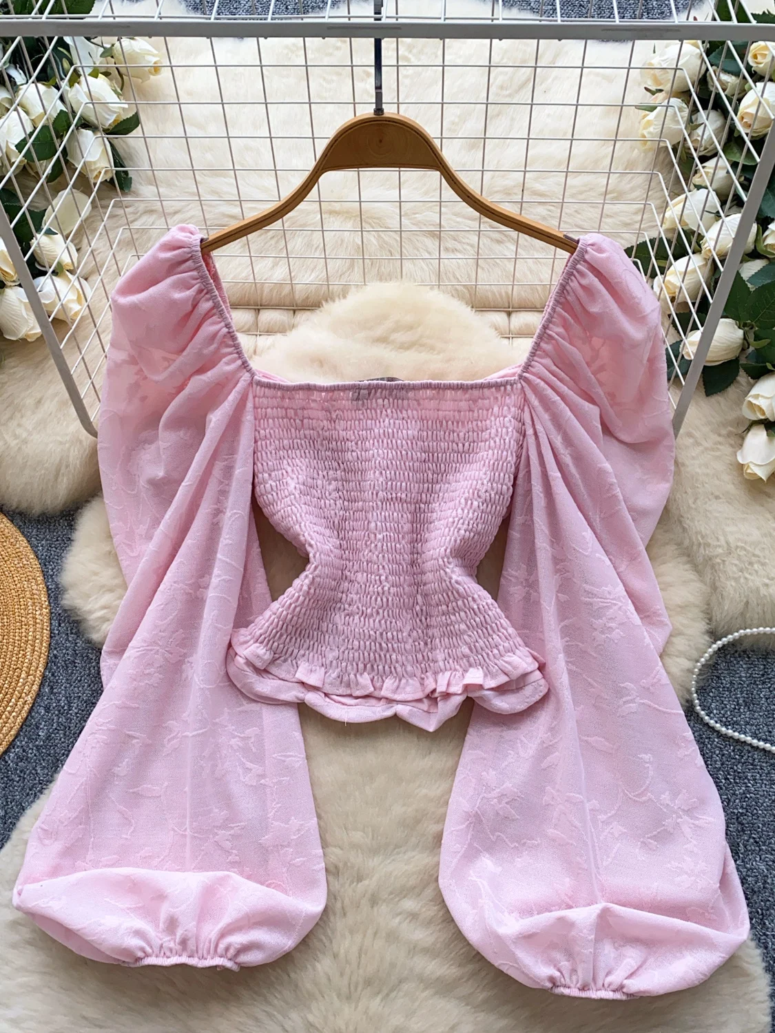 Blusa de Manga Abullonada con Hombros Descubiertos Estilo Retro para Mujer, Csa Hermosa y Deada de Estilo Coreano con Ma...